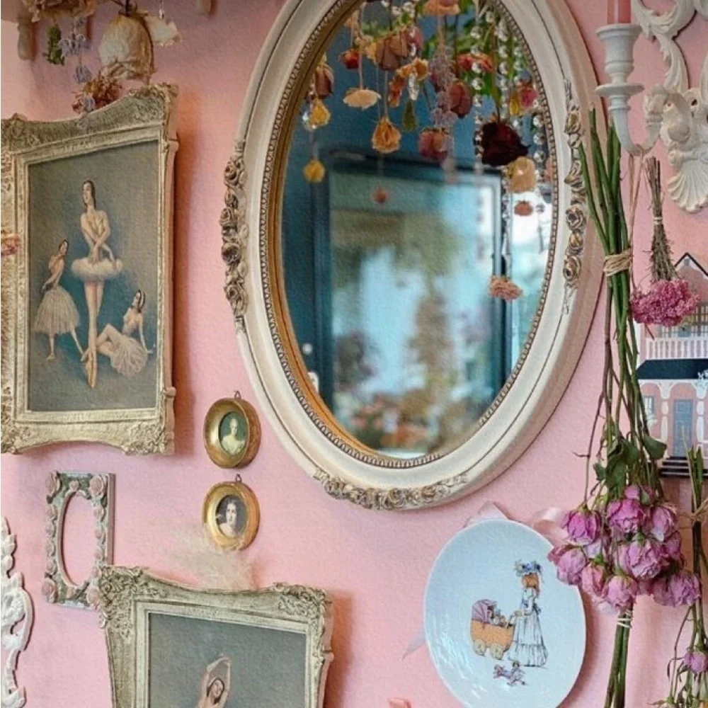 Antique Vintage Cottagecore Blush Pink Oval Wood Mirror